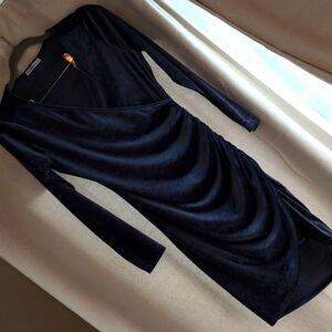 Crushed velvet women's dress, long sleeve medium blue grey